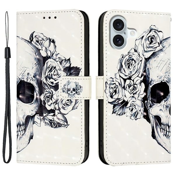 iPhone 16 Plus Plånboksfodral Printing Pattern Med Rem Vit