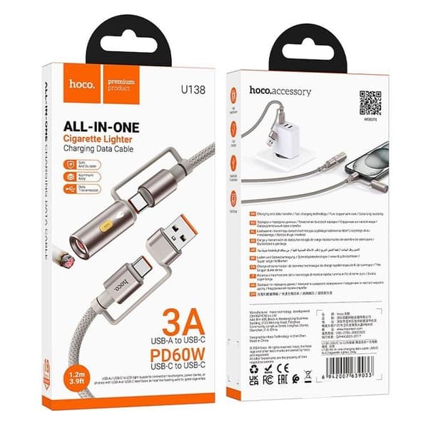 Hoco USB-A/USB-C Till USB-C Cigarettändare 60W 3A Kabel 1.2m U138 - Grå Grå