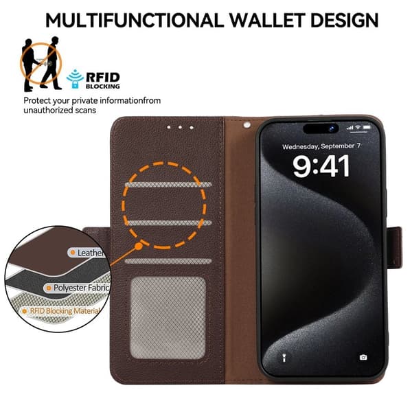 ABEEL iPhone 15 Pro Plånboksfodral RFID-Skydd Litchi Konstläder - Brun