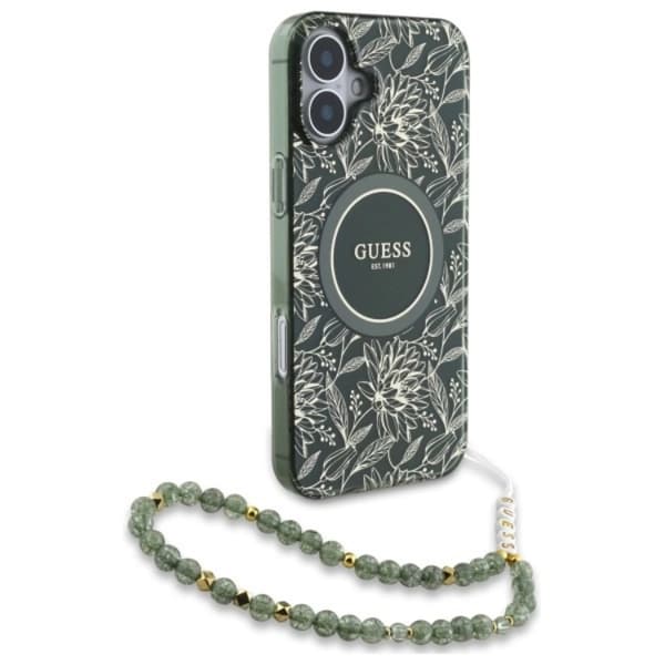 Guess Mobilskal till iPhone 16 Plus MagSafe IML Flowers Med Strap - Grön Grön