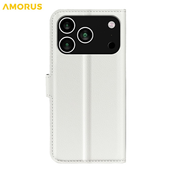 AMORUS iPhone 17 Pro Konstläder Plånboksfodral Flipstativ Litchi - Vit Vit