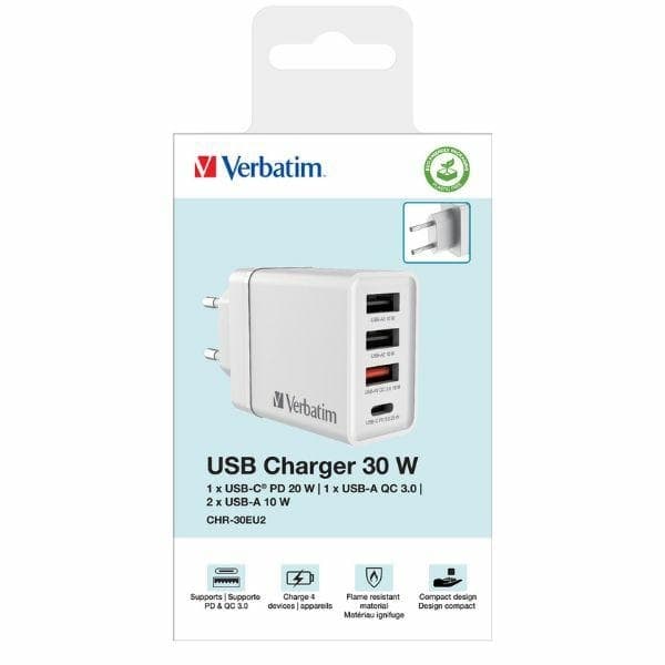 Verbatim Hurtigoplader 30W 3xUSB-A 1xUSB-C PD 3.0 - Hvid Vit