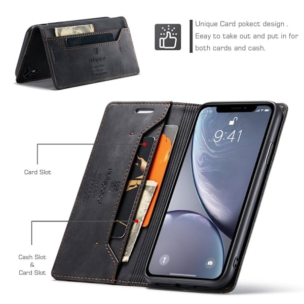 AUTSPACE A01 iPhone XR Plånboksfodral Konstläder - Svart