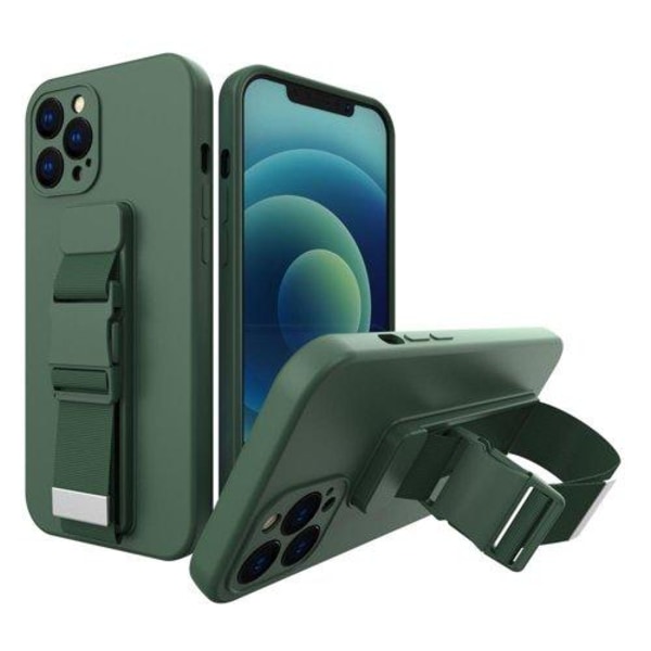 Rope Gel -turvatyynyn suojus kaulanauhalla iPhone 12 Pro - tummanvihreä Green