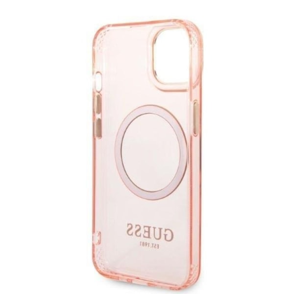 GUESS iPhone 14 Plus Skal MagSafe Gold Outline Translucent - Rosa