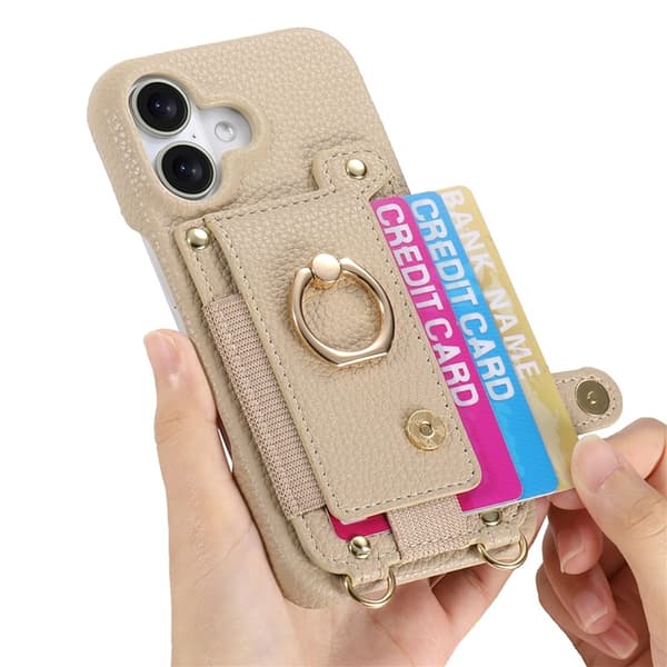 Mobilskal till iPhone 16 med Korthållare Ring Kickstand - Khaki Beige