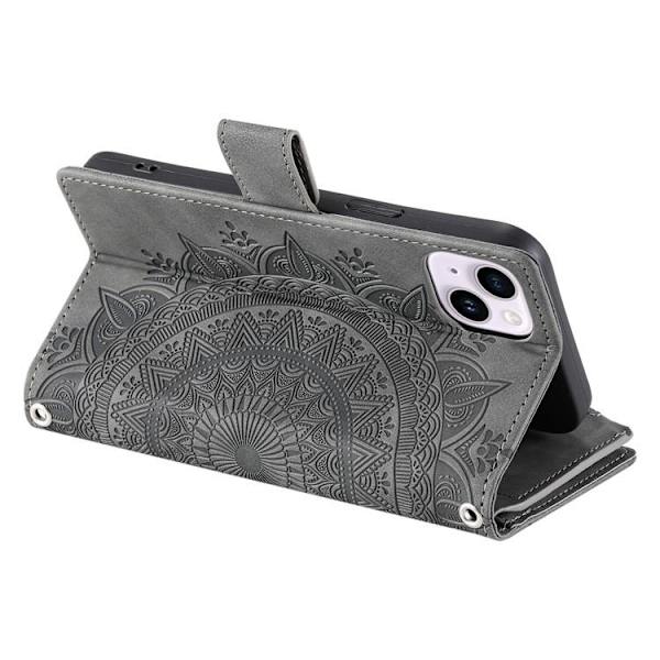 iPhone 15 Plus Plånboksfodral Mandala Flower Imprinted - Grå