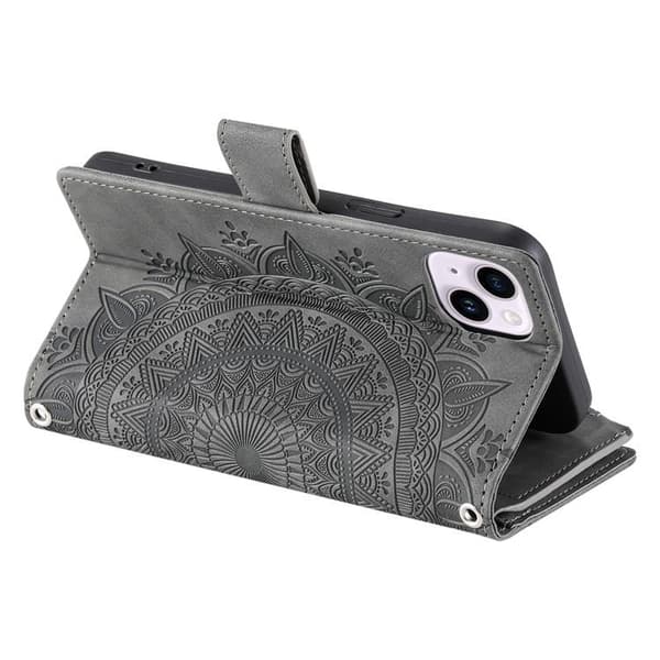 iPhone 15 Plus Pungeetui Mandala Flower Imprinted - Grå Grå