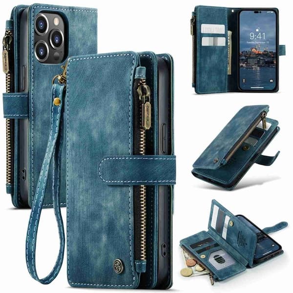 CASEME C30 iPhone 14 Pro Plånboksfodral Konstläder Blå med Kortfack