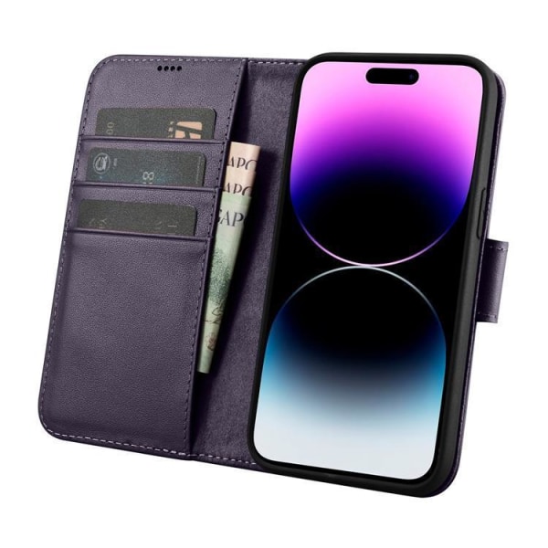 iCarer iPhone 14 Pro lompakkokotelo 2in1 aitoa nahkaa - tumman violetti