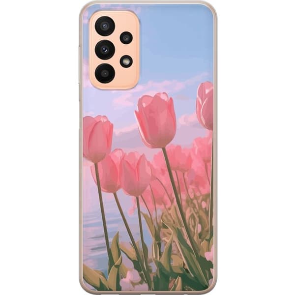 Telefontaske til Samsung Galaxy A23 5G med lyserøde tulipaner