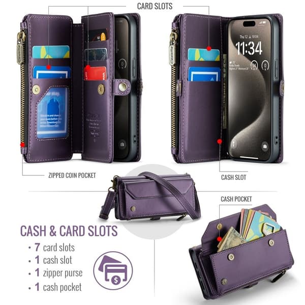 CASEME Plånboksfodral Konstläder för iPhone 15 Pro med kortfickor - Lila