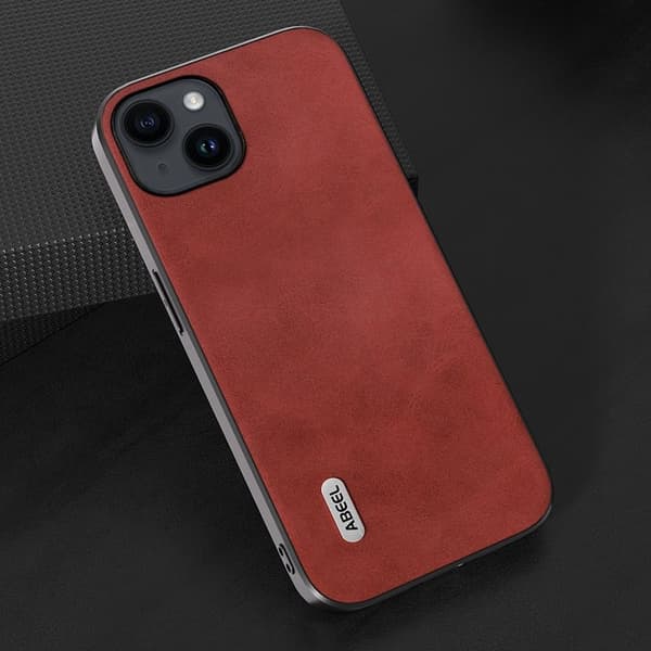 ABEEL Mobilskal till iPhone 14 Cowhide Textur Röd PU Läder TPU+PC