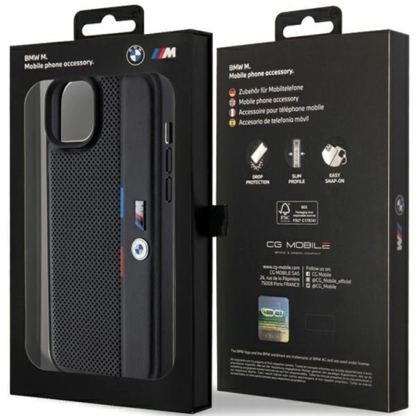 BMW iPhone 15/14 Plus -matkapuhelimen suojus rei'itetty Tricolor Line - musta