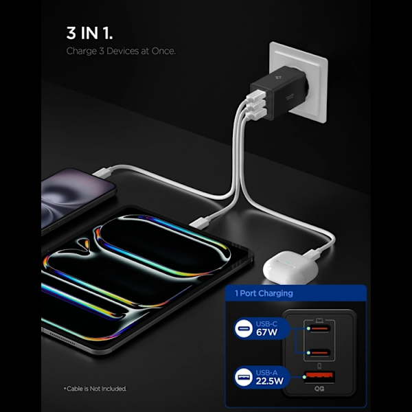 Spigen 3-Port Netværksoplader 67W ESSENTIAL EE673EU Svart