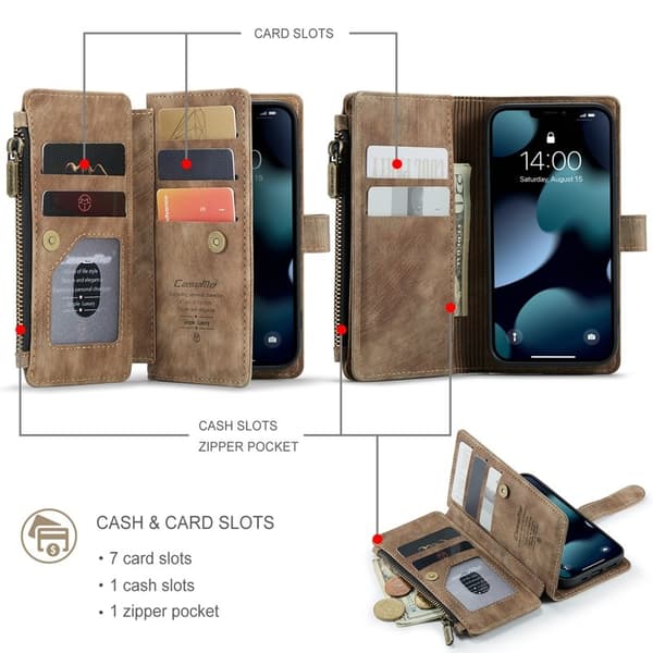 CASEME C30 Plånboksfodral för iPhone 13 mini med rem - Brun Konstläder