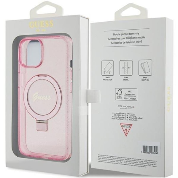 Guess Mobilskal till iPhone 15/14 Plus Magsafe Ringställ Script Glitter - Rosa
