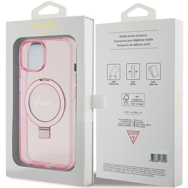 Guess Mobilskal till iPhone 15/14 Plus Magsafe Ringställ Script Glitter - Rosa Rosa