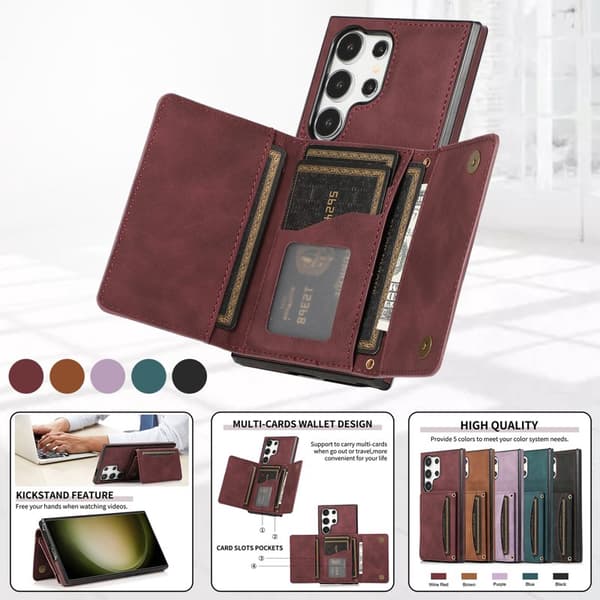 Plånboksfodral för Samsung Galaxy S26 Ultra Tri-Fold Kickstand PU - Röd