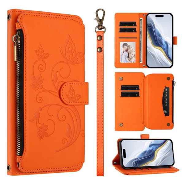 iPhone 17 Plånboksfodral Butterfly Floral Imprint - Orange Orange