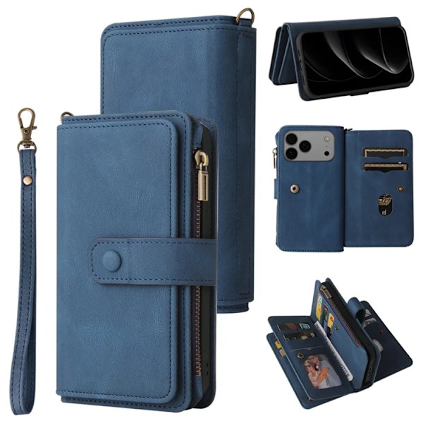 iPhone 17 Pro Konstläder Plånboksfodral Zipper Rem Blå
