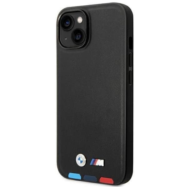 BMW iPhone 14 Skal Magsafe Läder Stamp Tricolor - Musta Black