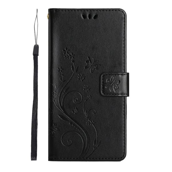 Samsung Galaxy S26 Plus Plånboksfodral Konstläder Fjäril Blomma - Svart