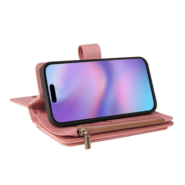 iPhone 17 Konstläder Plånboksfodral Zipper Rem Rosa