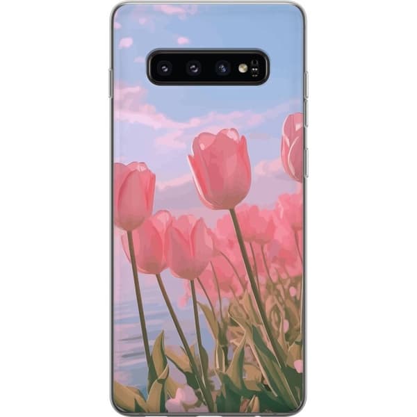 Telefontaske til Samsung Galaxy S10 med lyserøde tulipaner