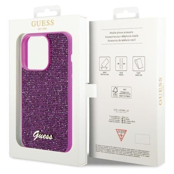 Guess iPhone 15 Pro -puhelinkuori Disco Metal Script - Pinkki Rosa