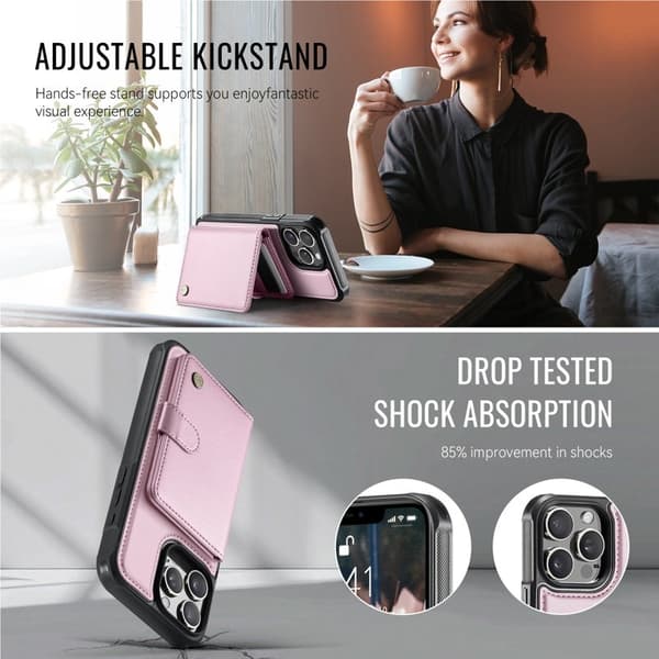 JEEHOOD J09 Mobilskal till iPhone 15 Pro RFID Blocker Läder Rosa