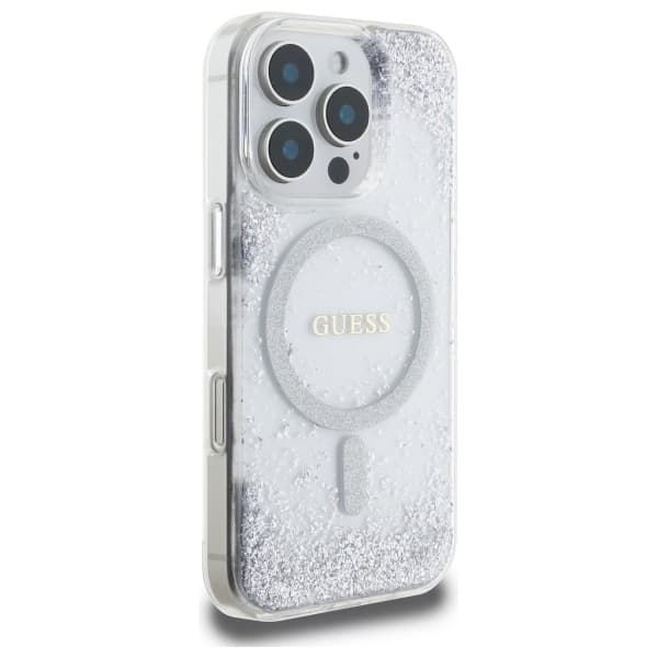 Guess Mobilskal till iPhone 16 Pro MagSafe Resin Gradient Glitter Silver