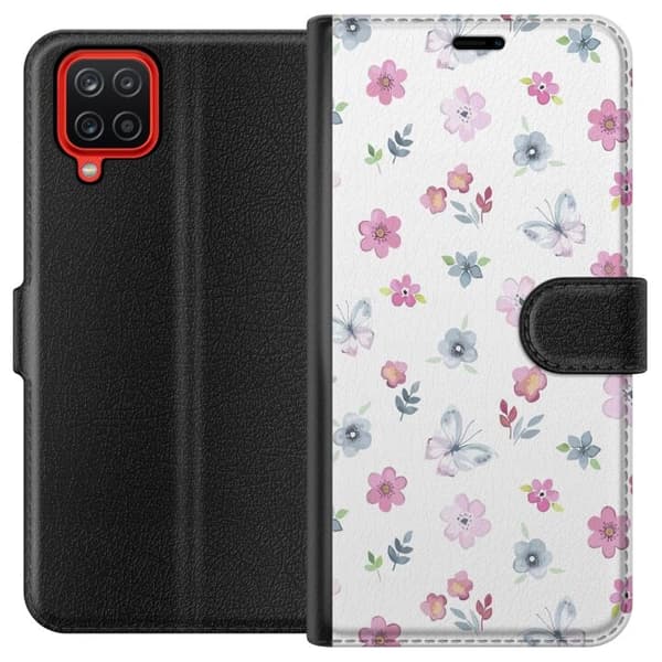 Pung Taske til Samsung Galaxy A12 med blomster og sommerfugle