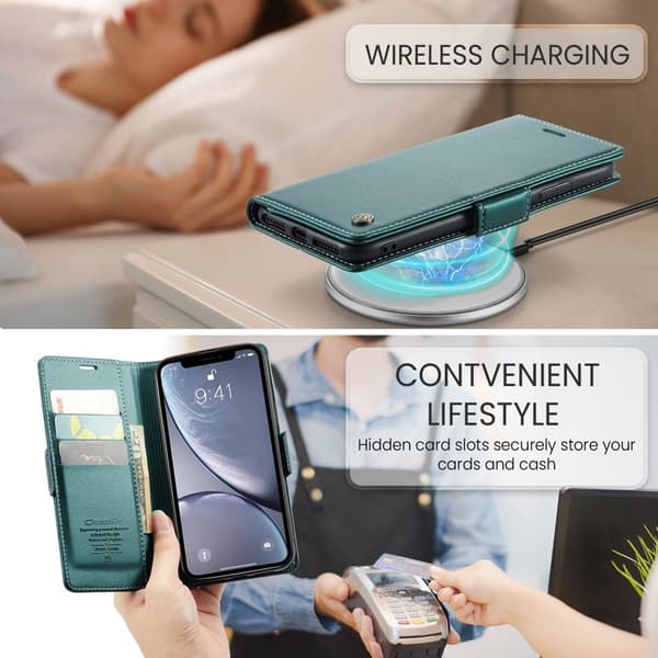 CASEME Plånboksfodral Konstläder till iPhone XR RFID-Skydd Grön