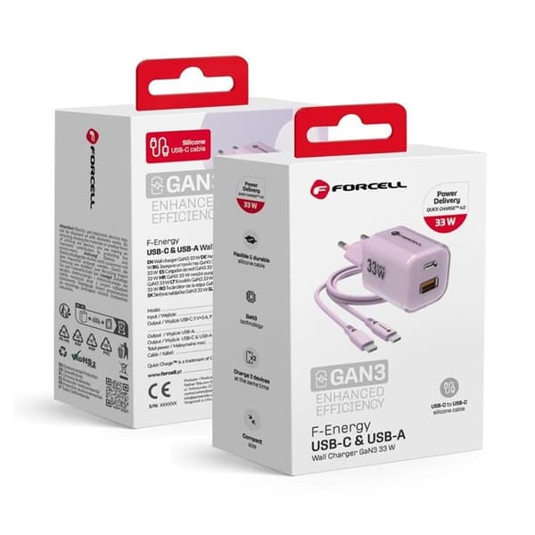 Forcell Hurtigoplader USB-A/USB-C 33W USB-C-kabel GaN III PD QC Lila