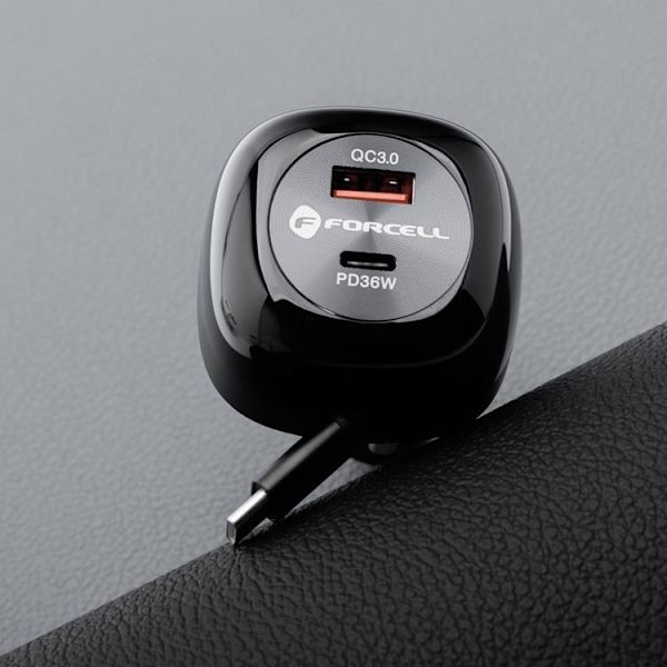 Forcell Billaddare 75W USB-C - USB-A  PD QC Retractable Kabel