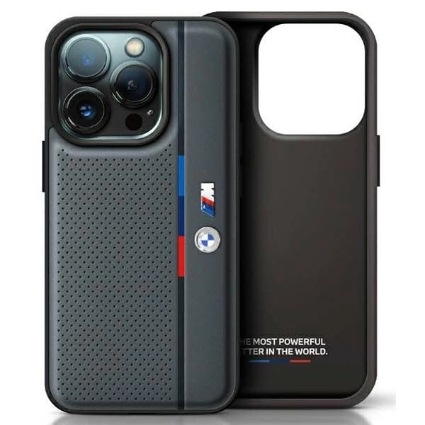 BMW telefontaske til iPhone 16 perforeret Tricolor Line - Mørkegrå