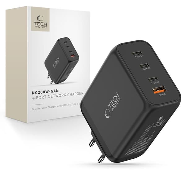 Tech-Protect 4-Port Snabbladdare 200W QC3.0 NC200W-GAN Svart
