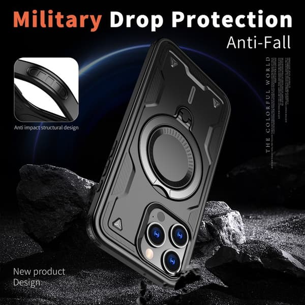 iPhone 15 Pro Max Skal Plast Militärskydd Med Ställ - Svart