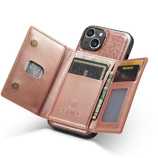 DG.MING M3 Series iPhone 15 Konstläder Plånboksfodral Detachable Roséguld