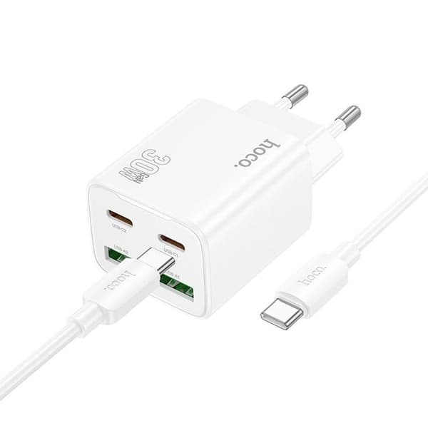 Hoco Hurtigoplader PD 30W 2xUSB-A 2xUSB-C QC3.0 3A med USB-C Kabel N56 - Hvid Vit