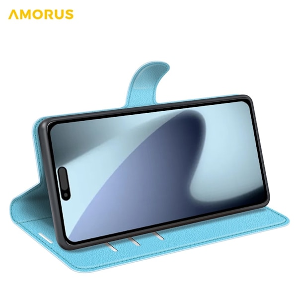 AMORUS iPhone 17 Konstläder Plånboksfodral Flipstativ Litchi - Blå Blå