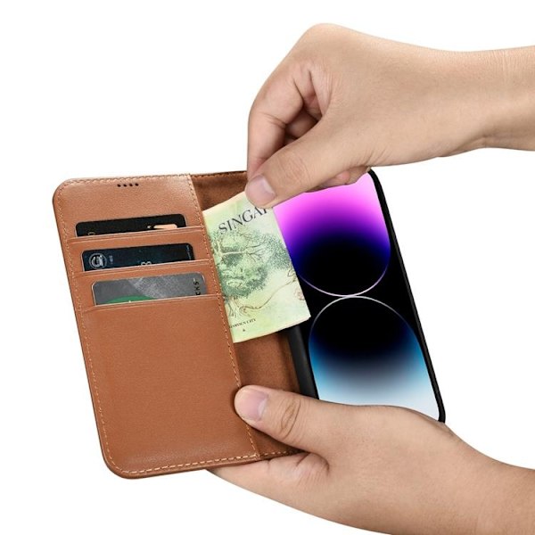 iCarer iPhone 14 Pro Max Plånboksfodral 2in1 Anti-RFID Äkta Läder - Brun
