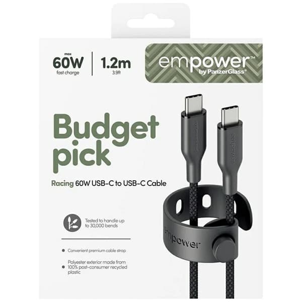 Empower by PanzerGlass USB-C till USB-C 60W Kabel 1.2m Racing Svart