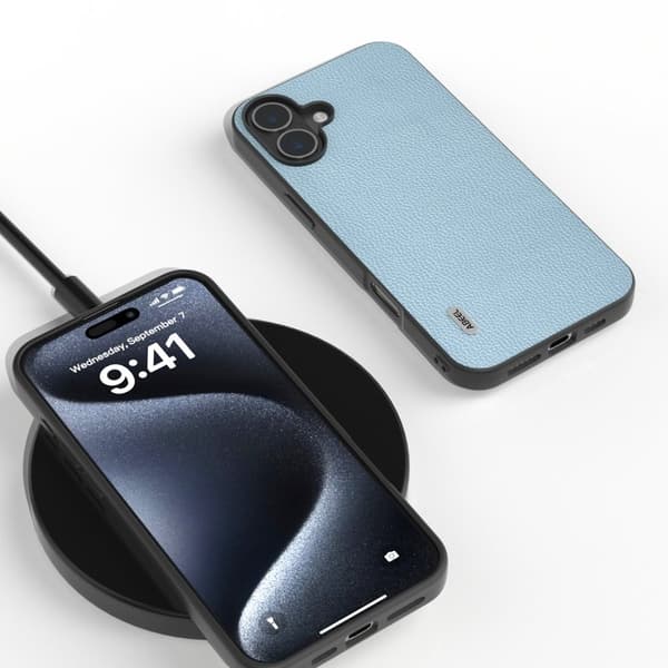 ABEEL Mobilskal till iPhone 16 Plus Litchi Textur Äkta Läder Blå