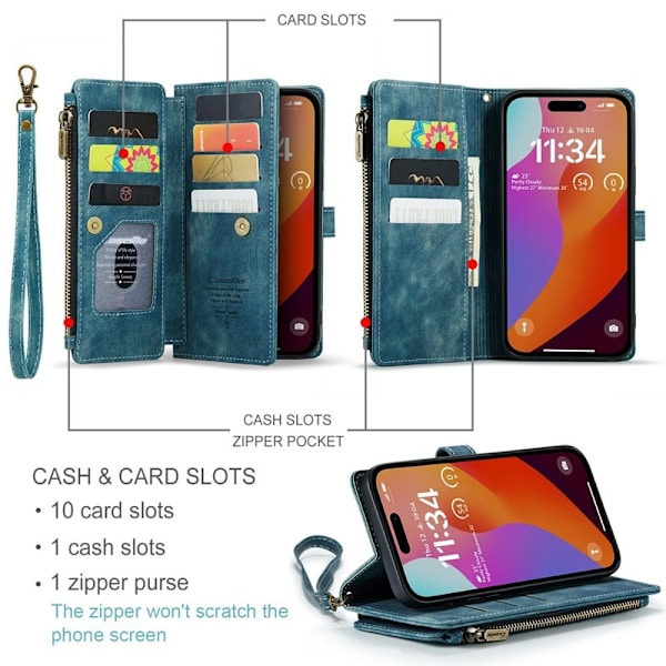 CASEME Konstläder Plånboksfodral för iPhone 16 Pro Max med Rem - Blå