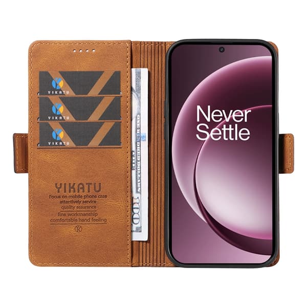 YIKATU OnePlus 15 5G Konstläder Plånboksfodral Skin-touch Feeling Brun