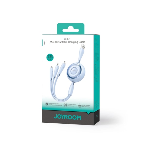 Joyroom 3in1 Infällbar Kabel Lightning/USB-C/MicroUSB 1m - Blå