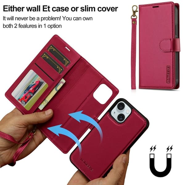 LC.IMEEKE L2 Series iPhone 15 Plus Plånboksfodral Konstläder - Röd