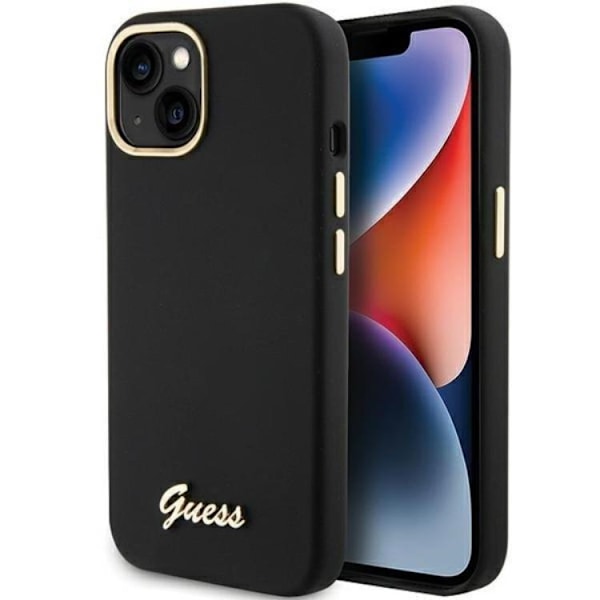 Guess Mobilskal till iPhone 15 Silikon Script Metal Logo Frame Svart